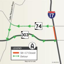 Map showing detour route for Southbound I-17 May 10-13 weekend closure